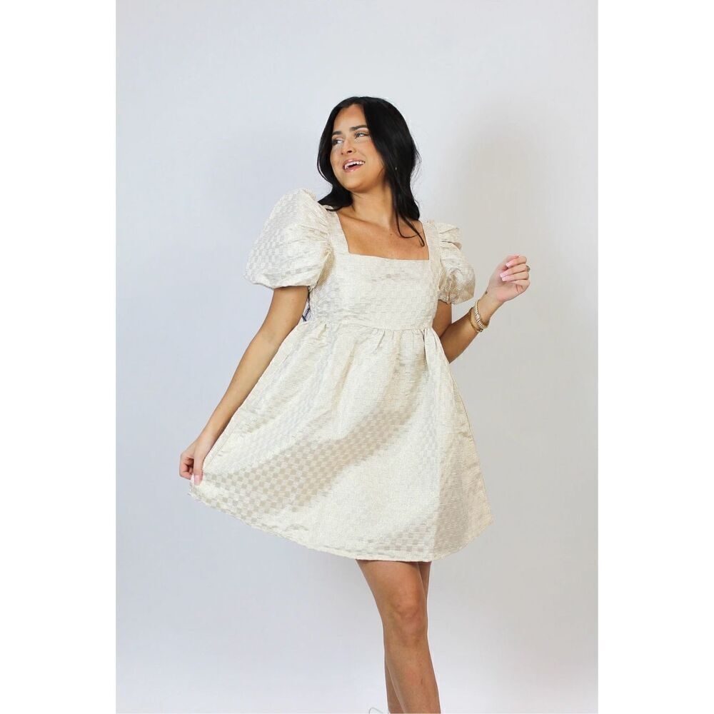 Womens Jacquie The Label Holleen Babydoll Metallic Checked Puff Sleeve Dress - M